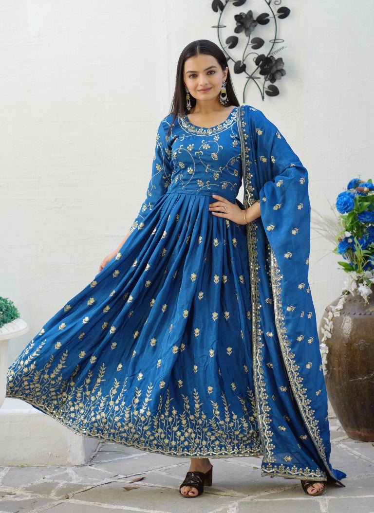 Lehenga Mart Designer Chinon Gown With Sequence Embroidered Work - Blue | Grocsy