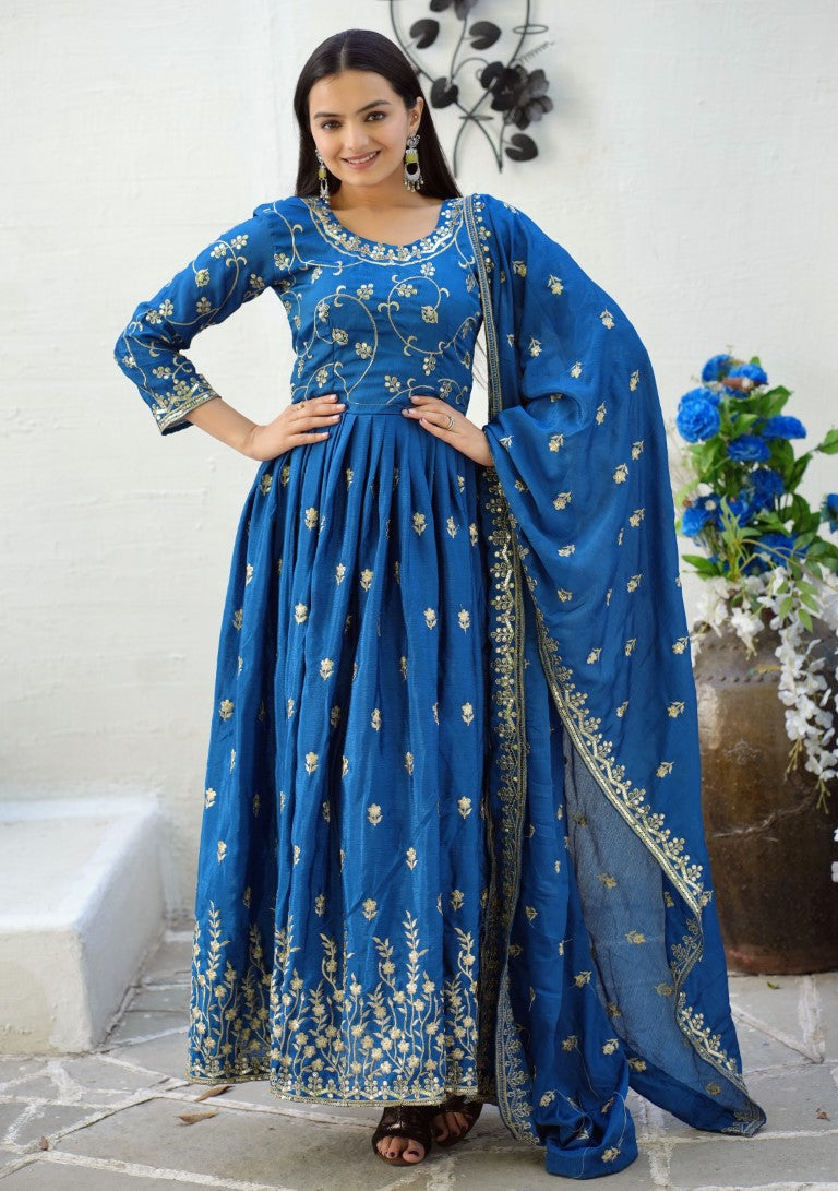 Lehenga Mart Designer Chinon Gown With Sequence Embroidered Work - Blue | Grocsy