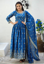 Lehenga Mart Designer Chinon Gown With Sequence Embroidered Work - Blue | Grocsy