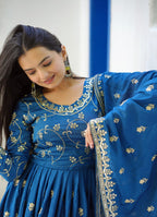 Lehenga Mart Designer Chinon Gown With Sequence Embroidered Work - Blue | Grocsy
