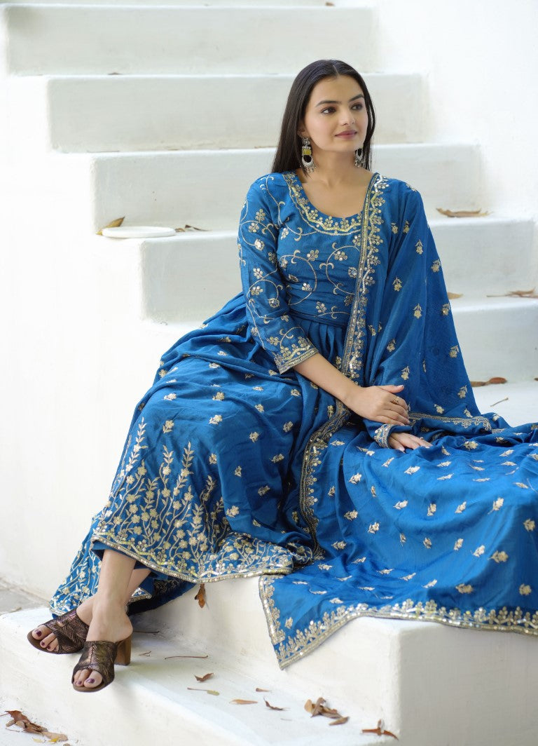 Lehenga Mart Designer Chinon Gown With Sequence Embroidered Work - Blue | Grocsy