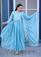 Lehenga Mart Designer Chinon Gown With Embroidered Work - Sky Blue | Grocsy