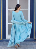 Lehenga Mart Designer Chinon Gown With Embroidered Work - Sky Blue | Grocsy