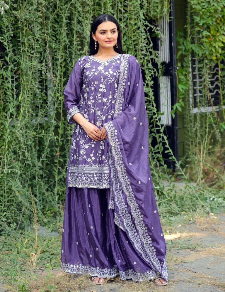 Lehenga Mart Designer Chinon Sharara Suit With Sequence Embroidered Work - Blue | Grocsy