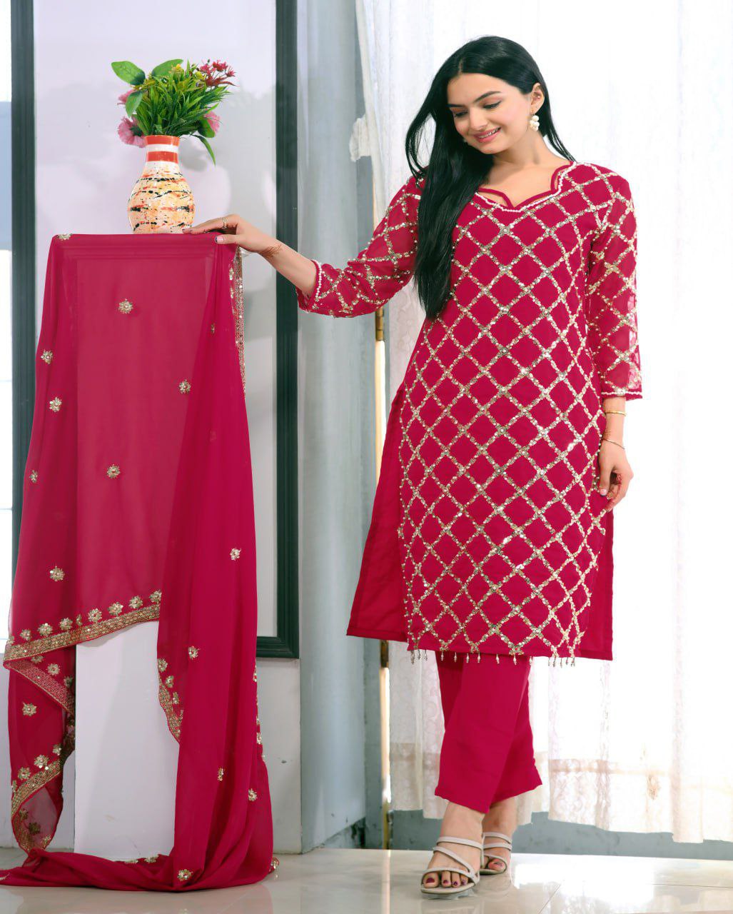 Lehenga Mart Designer Faux Georgette Suit With Sequence Embroidered Work With Rivet Moti - Pink | Grocsy