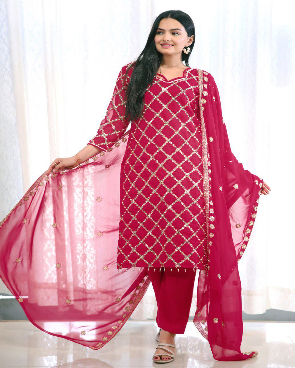 Lehenga Mart Designer Faux Georgette Suit With Sequence Embroidered Work With Rivet Moti - Pink | Grocsy