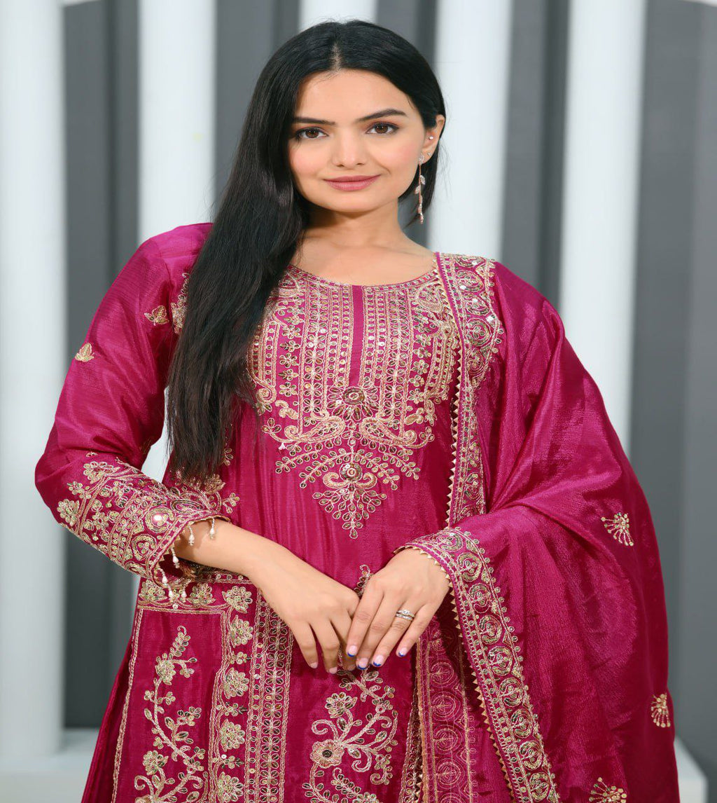 Lehenga Mart Designer Chinon Suit With Coding Sequence Embroidered Work - Pink | Grocsy