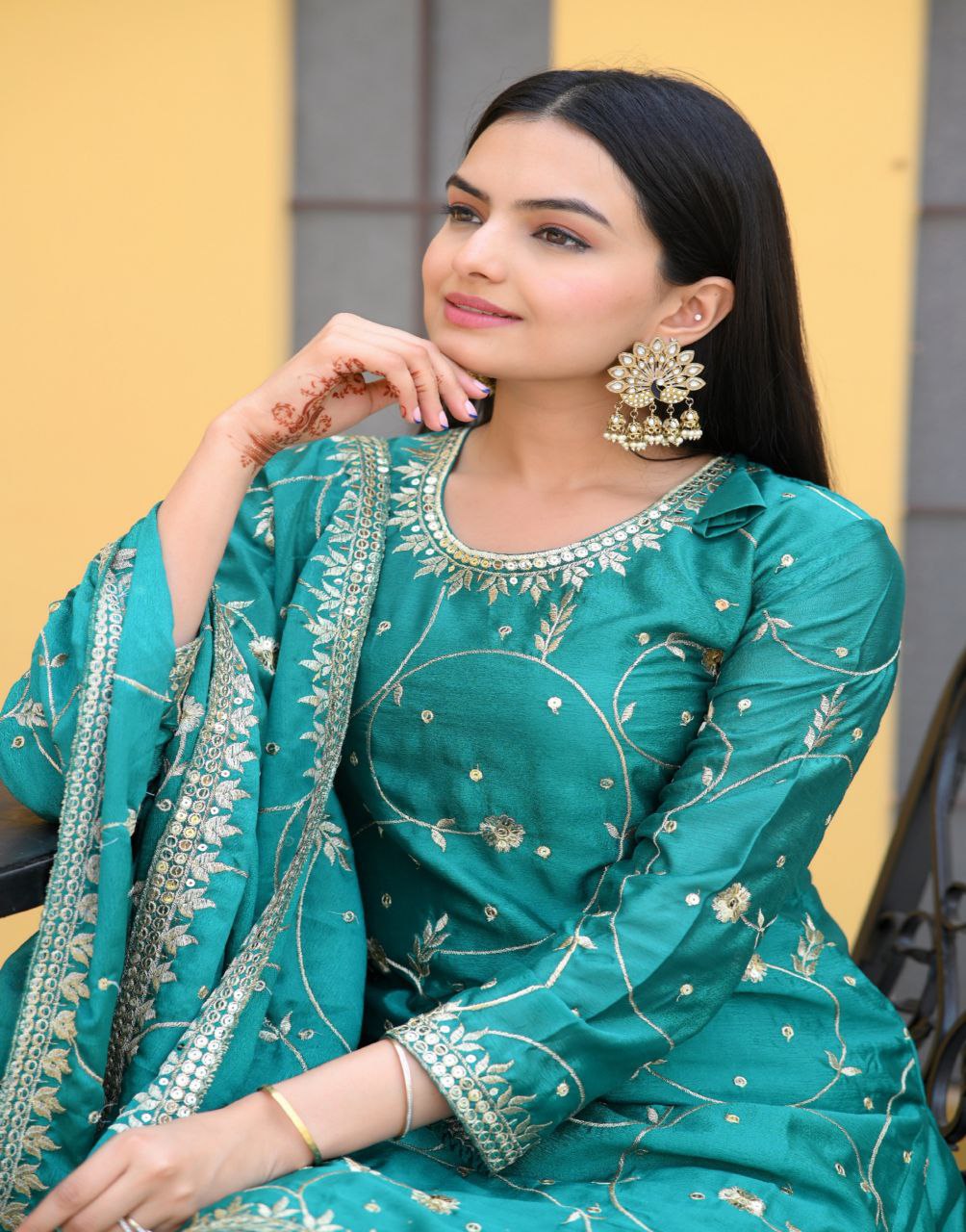 Lehenga Mart Designer Chinon Suit With Sequence Embroidered Work - Green | Grocsy