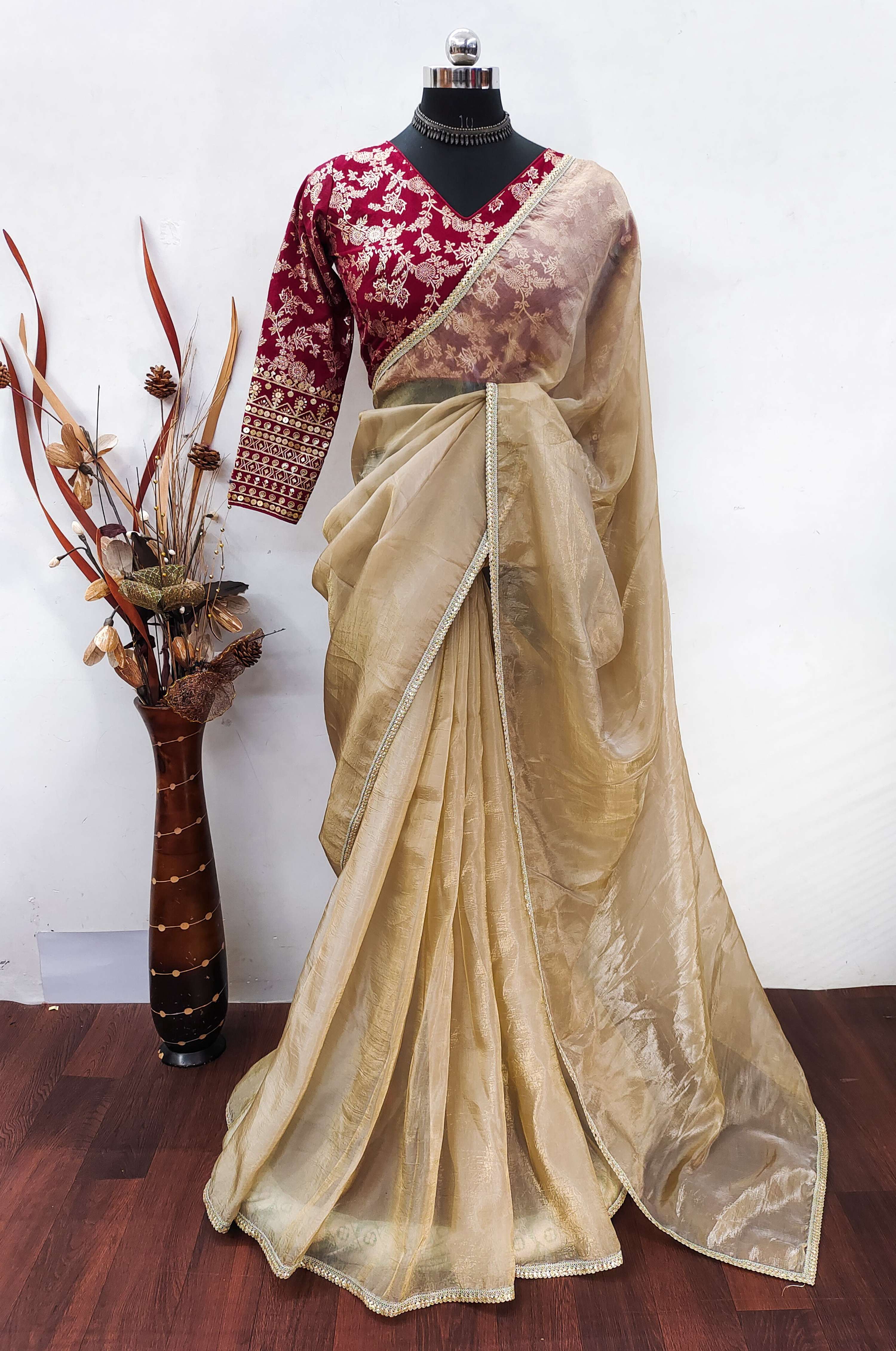 Teeya Creation Chiku Color Gold Crush Tissue Saree With Lace Border | Grocsy