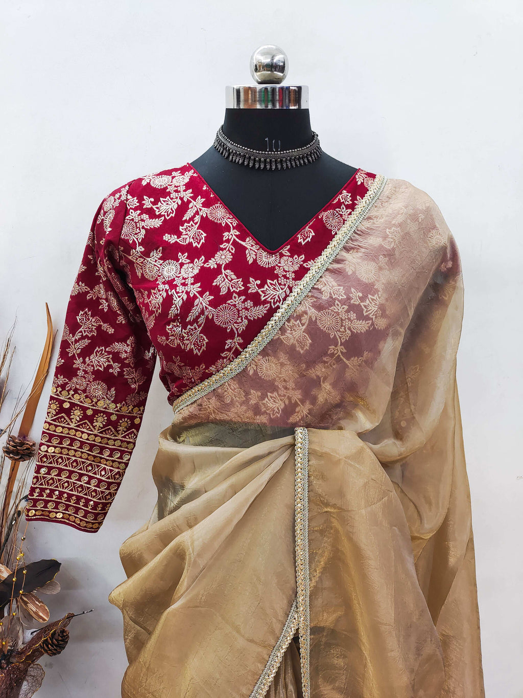 Teeya Creation Chiku Color Gold Crush Tissue Saree With Lace Border | Grocsy
