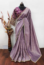 Teeya Creation Onion Color Gold Crush Tissue Saree With Lace Border | Grocsy
