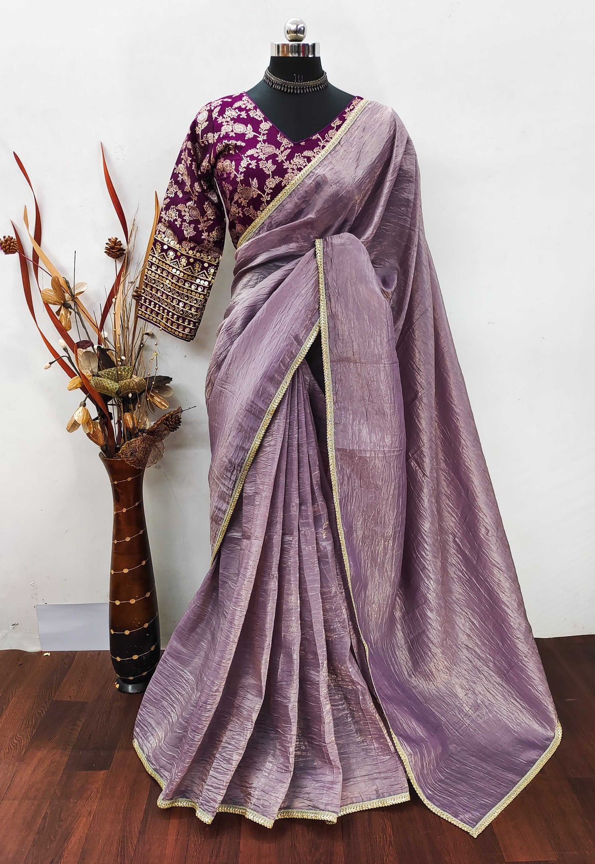 Teeya Creation Onion Color Gold Crush Tissue Saree With Lace Border | Grocsy