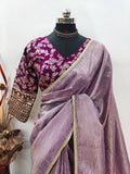 Teeya Creation Onion Color Gold Crush Tissue Saree With Lace Border | Grocsy