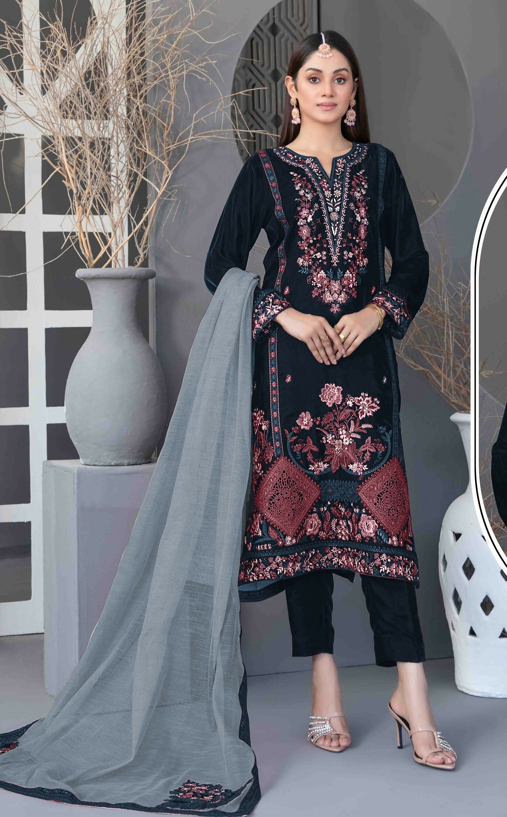 Anaita Navy Blue Velvet Suit with Embroidery Sequence Work | Grocsy