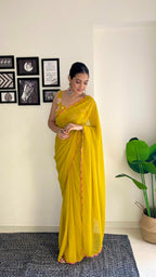 Vamika Embroidery Mustard Georgette Bollywood Saree | Grocsy