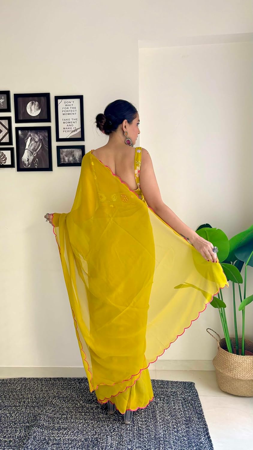 Vamika Embroidery Mustard Georgette Bollywood Saree | Grocsy