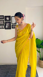 Vamika Embroidery Mustard Georgette Bollywood Saree | Grocsy