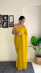 Vamika Embroidery Mustard Georgette Bollywood Saree | Grocsy
