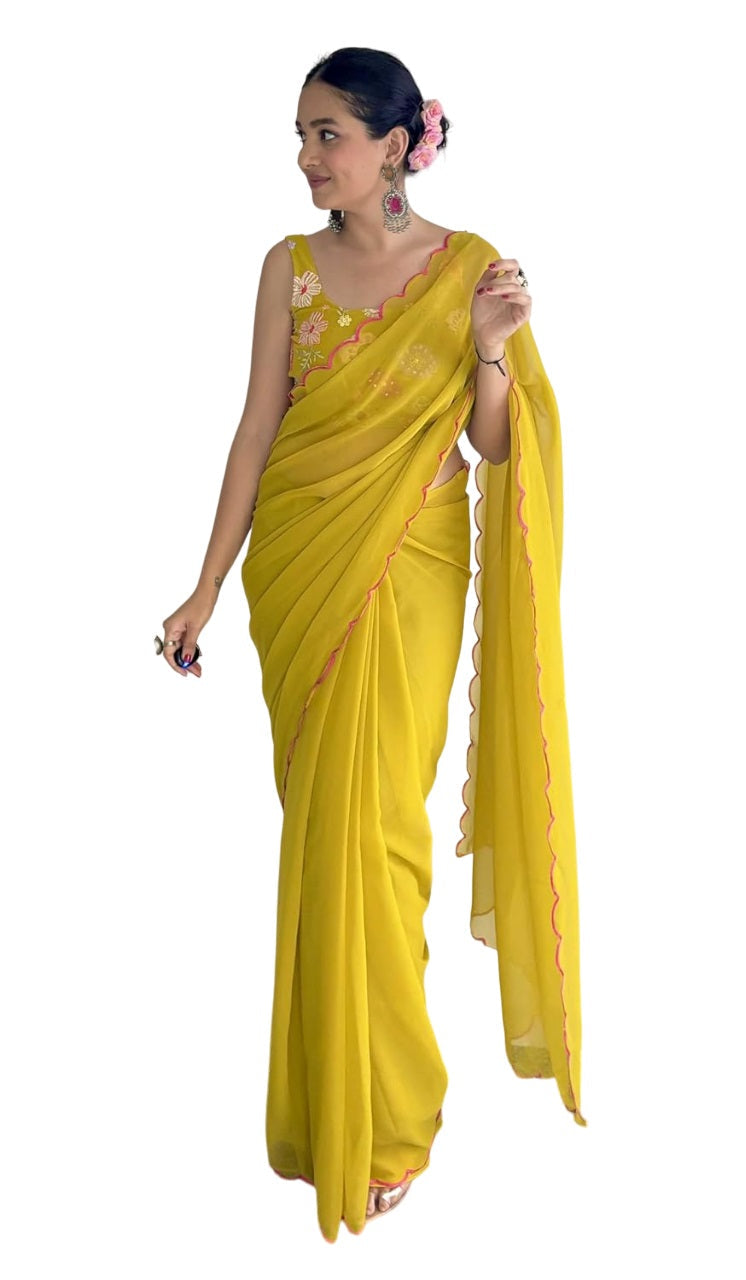 Vamika Embroidery Mustard Georgette Bollywood Saree | Grocsy