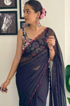 Vamika Embroidery Navy Blue Georgette Bollywood Saree | Grocsy