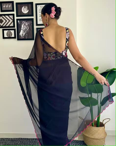 Vamika Embroidery Navy Blue Georgette Bollywood Saree | Grocsy