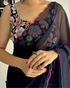 Vamika Embroidery Navy Blue Georgette Bollywood Saree | Grocsy