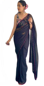 Vamika Embroidery Navy Blue Georgette Bollywood Saree | Grocsy