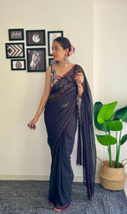 Vamika Embroidery Navy Blue Georgette Bollywood Saree | Grocsy