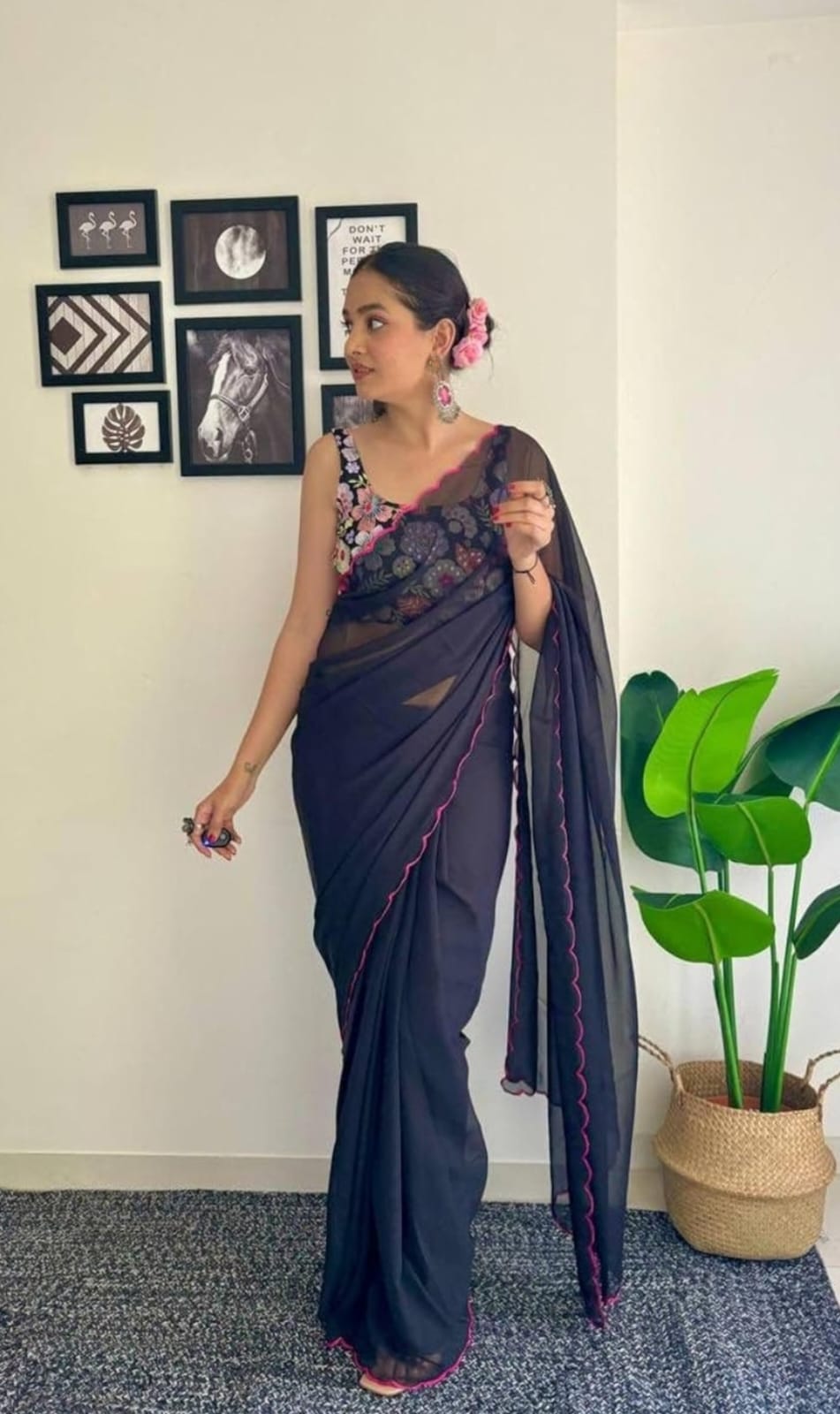Vamika Embroidery Navy Blue Georgette Bollywood Saree | Grocsy