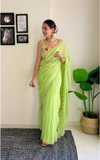 Vamika Embroidery Parrot Green Georgette Bollywood Saree | Grocsy
