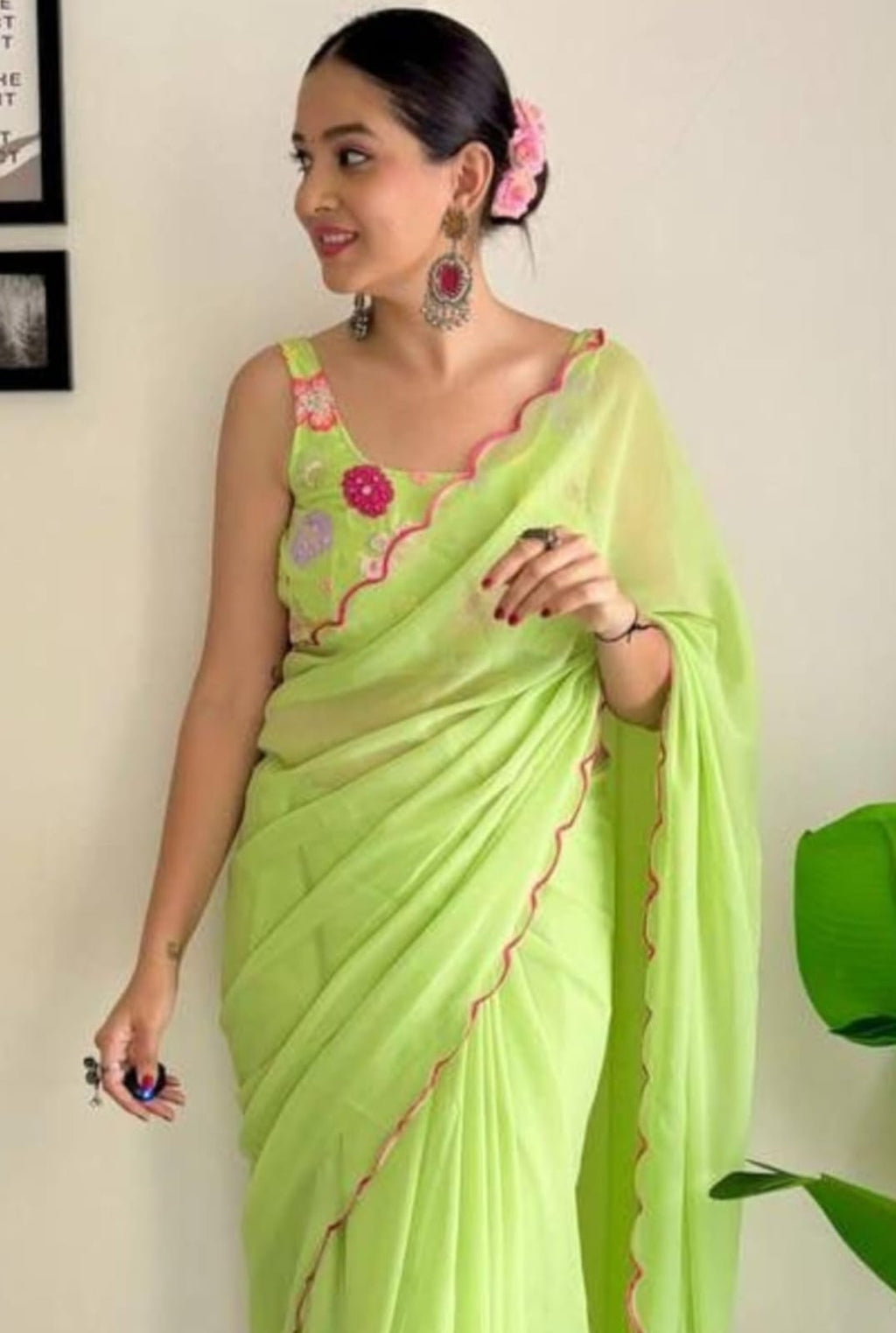 Vamika Embroidery Parrot Green Georgette Bollywood Saree | Grocsy
