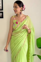 Vamika Embroidery Parrot Green Georgette Bollywood Saree | Grocsy