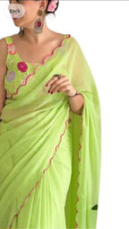 Vamika Embroidery Parrot Green Georgette Bollywood Saree | Grocsy