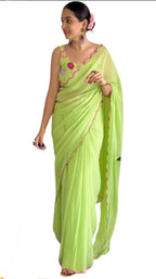 Vamika Embroidery Parrot Green Georgette Bollywood Saree | Grocsy