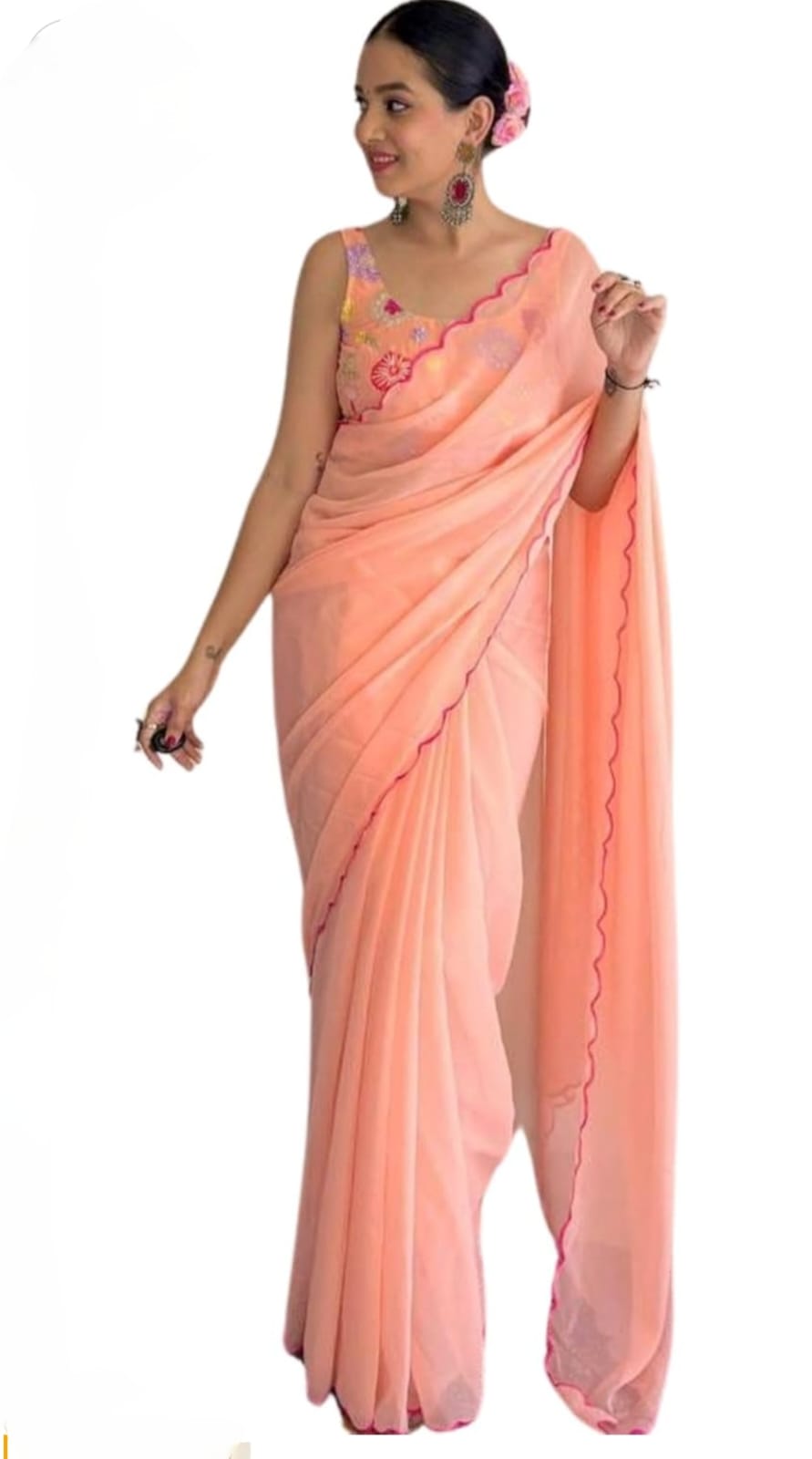 Vamika Embroidery Peach Georgette Bollywood Saree | Grocsy