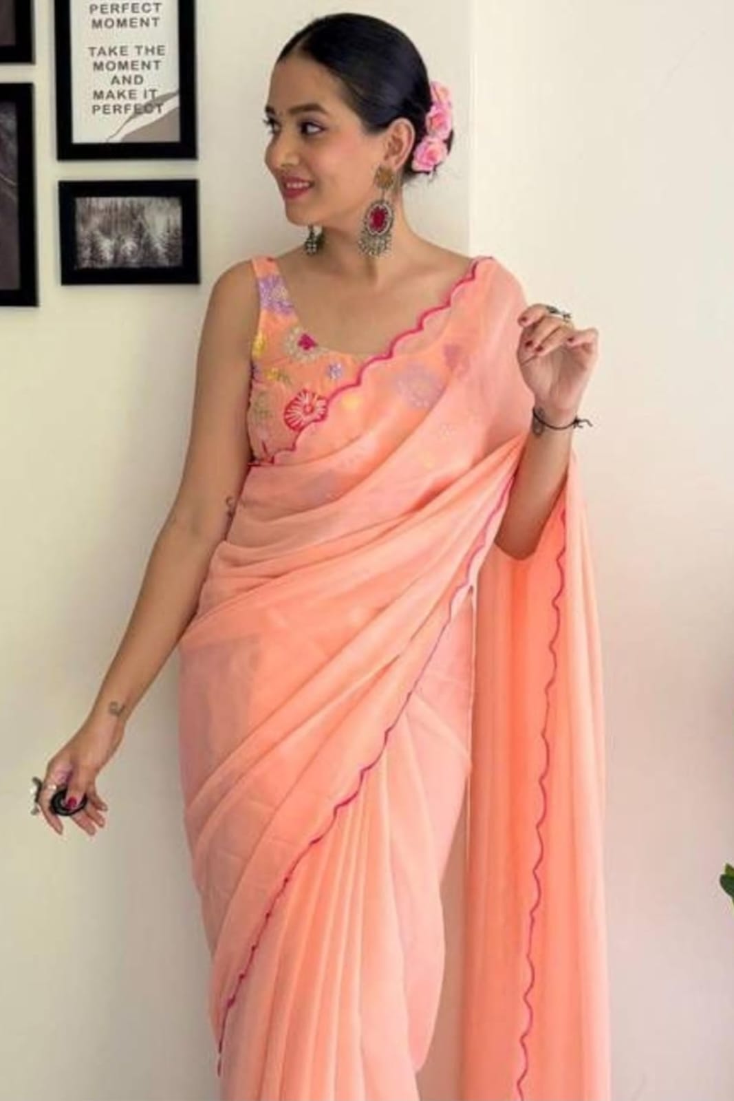 Vamika Embroidery Peach Georgette Bollywood Saree | Grocsy
