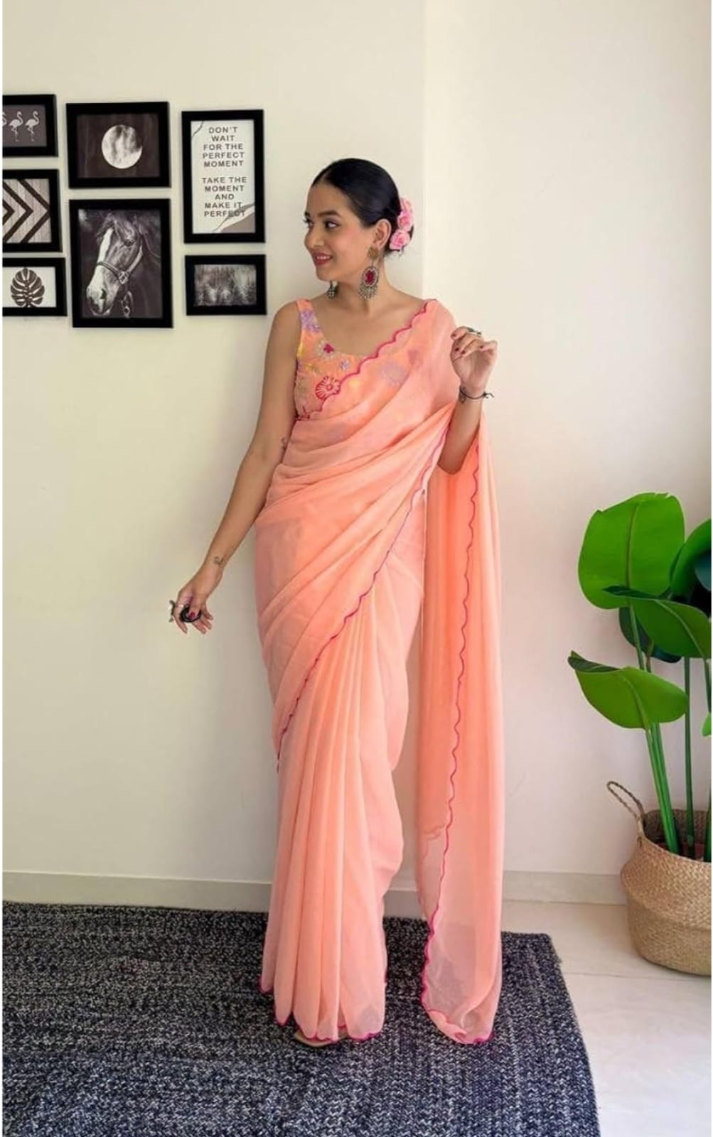 Vamika Embroidery Peach Georgette Bollywood Saree | Grocsy