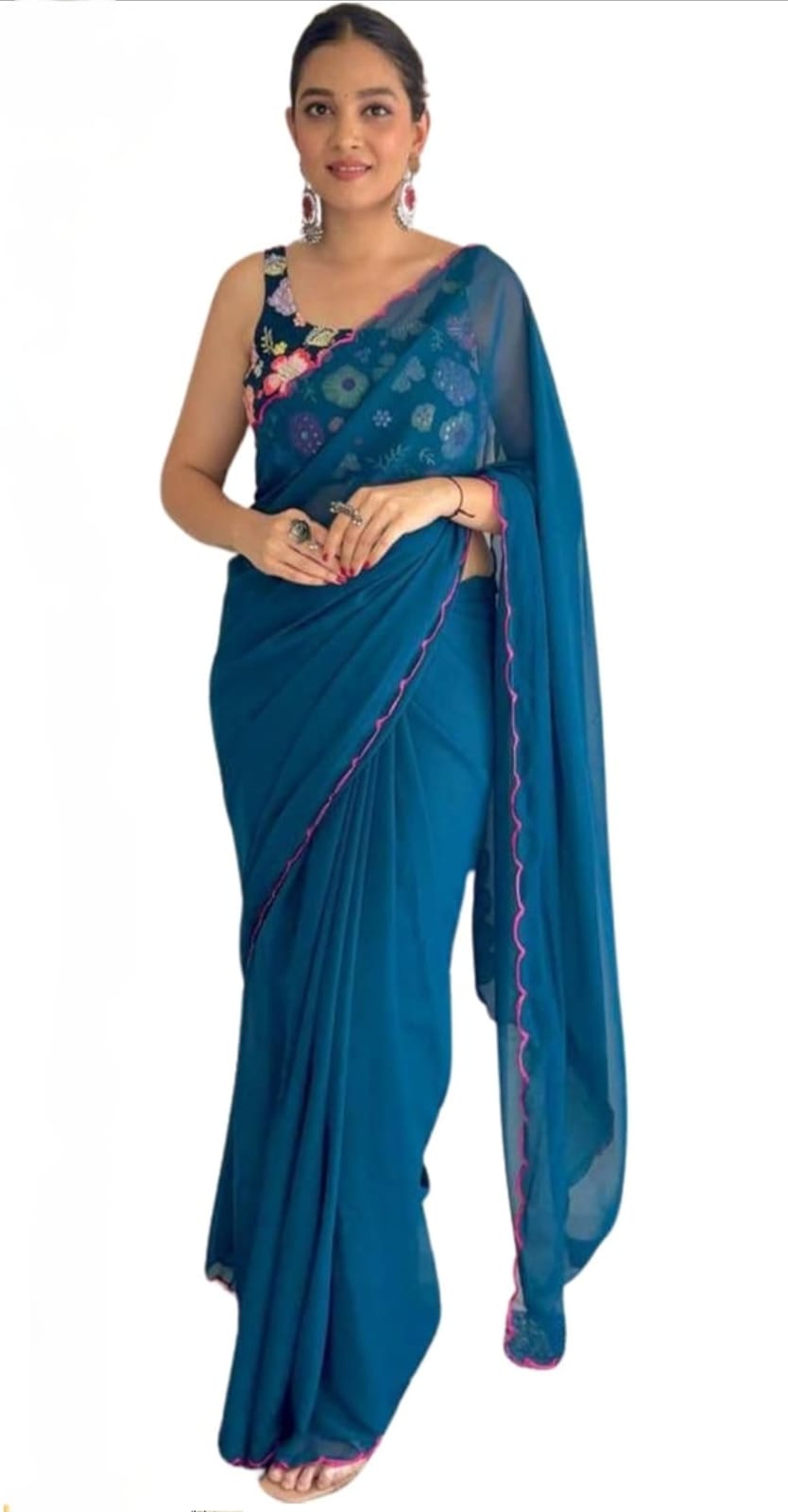 Vamika Embroidery Rama Green Georgette Bollywood Saree | Grocsy