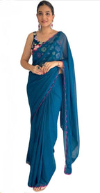 Vamika Embroidery Rama Green Georgette Bollywood Saree | Grocsy