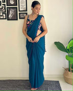 Vamika Embroidery Rama Green Georgette Bollywood Saree | Grocsy