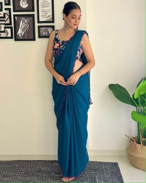 Vamika Embroidery Rama Green Georgette Bollywood Saree | Grocsy