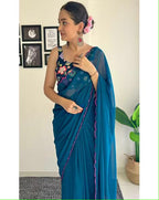 Vamika Embroidery Rama Green Georgette Bollywood Saree | Grocsy