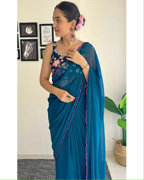 Vamika Embroidery Rama Green Georgette Bollywood Saree | Grocsy