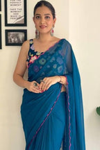 Vamika Embroidery Rama Green Georgette Bollywood Saree | Grocsy