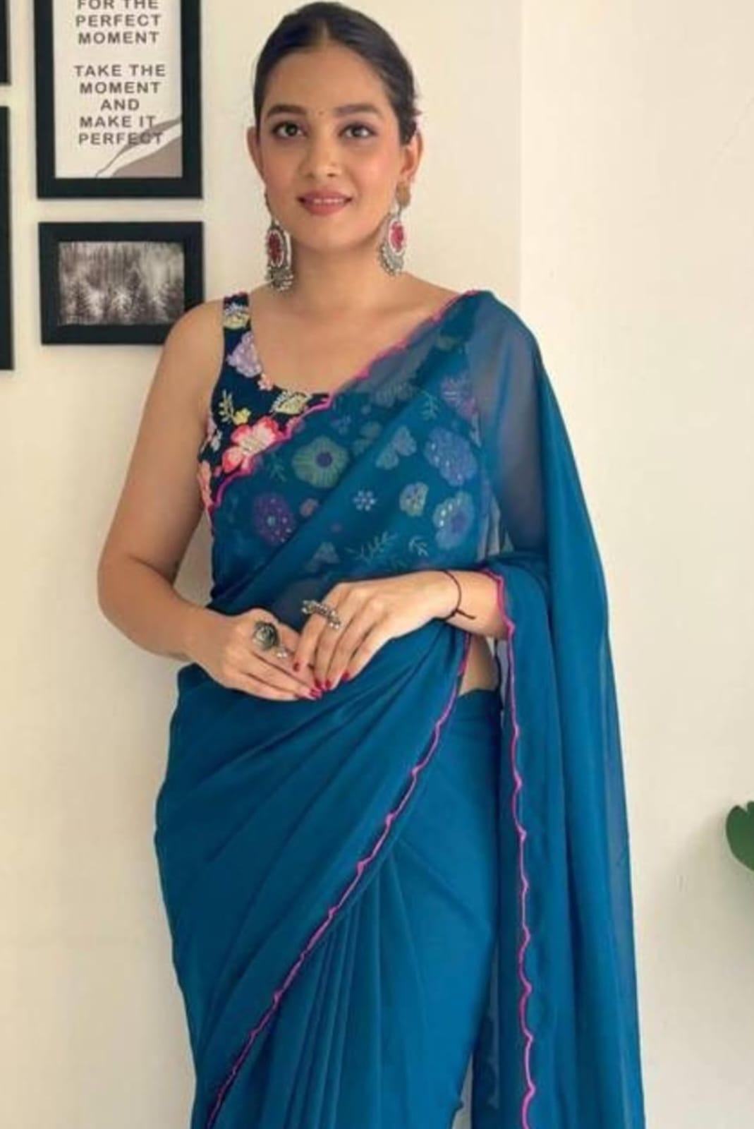 Vamika Embroidery Rama Green Georgette Bollywood Saree | Grocsy