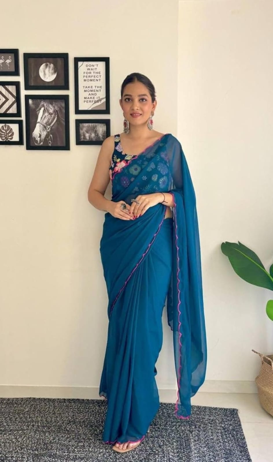 Vamika Embroidery Rama Green Georgette Bollywood Saree | Grocsy