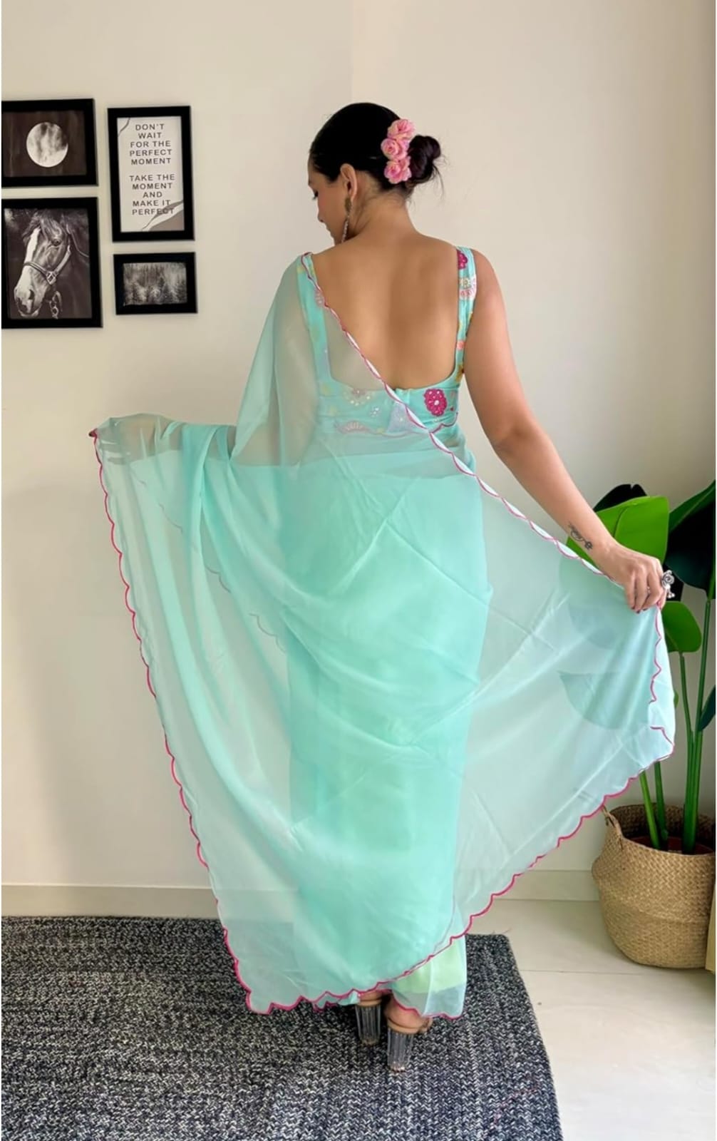 Vamika Embroidery Sky Blue Georgette Bollywood Saree | Grocsy