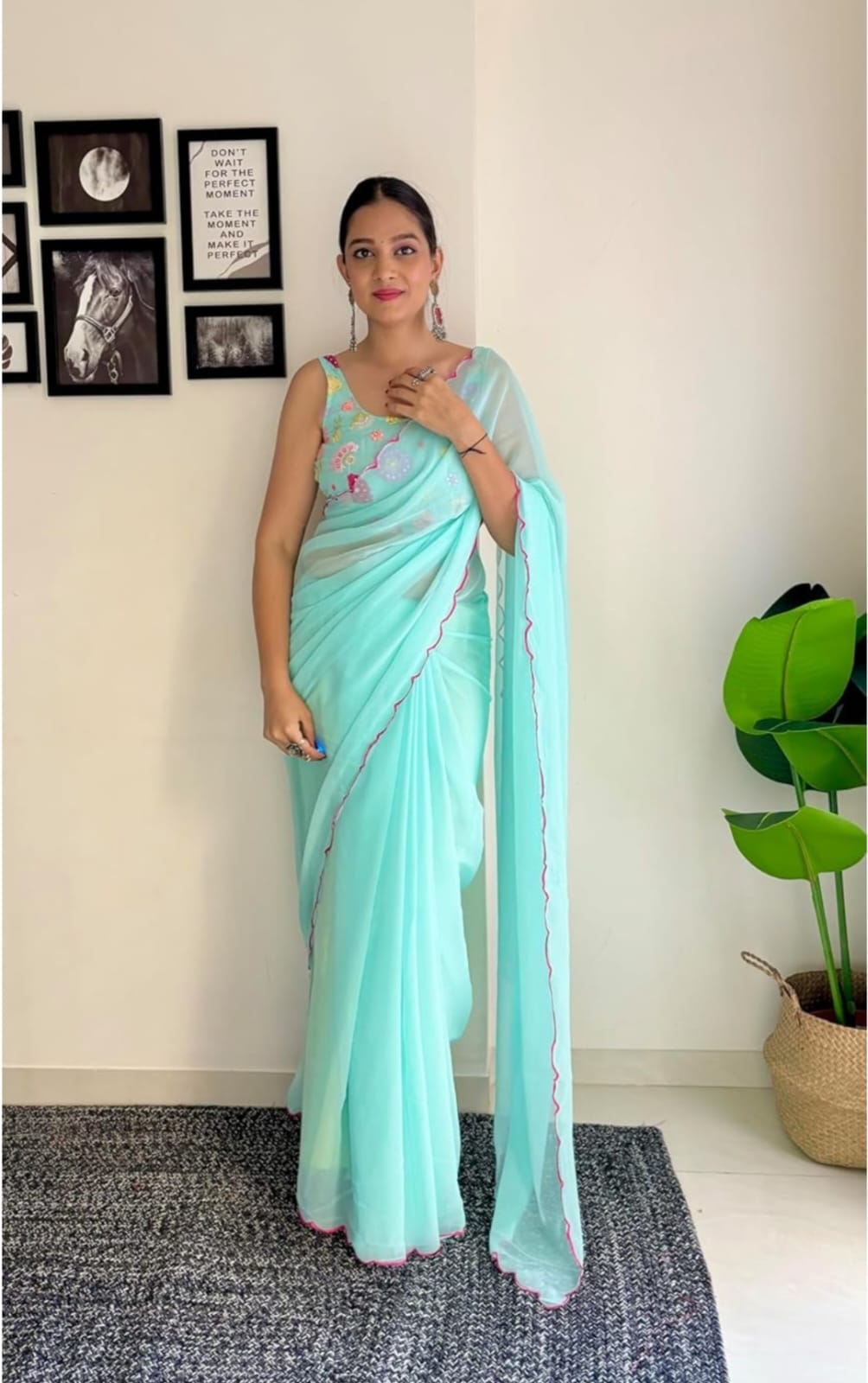 Vamika Embroidery Sky Blue Georgette Bollywood Saree | Grocsy