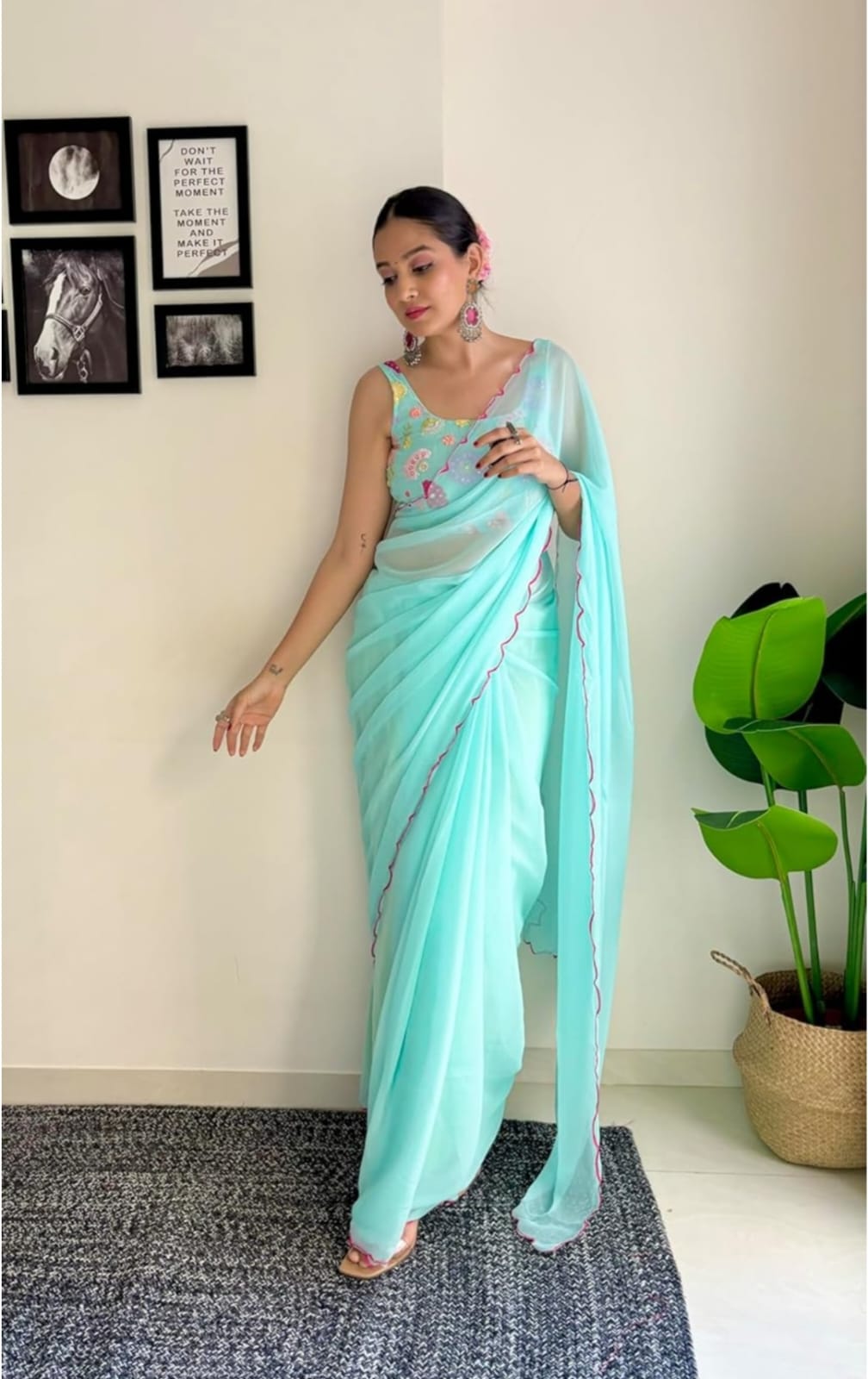 Vamika Embroidery Sky Blue Georgette Bollywood Saree | Grocsy