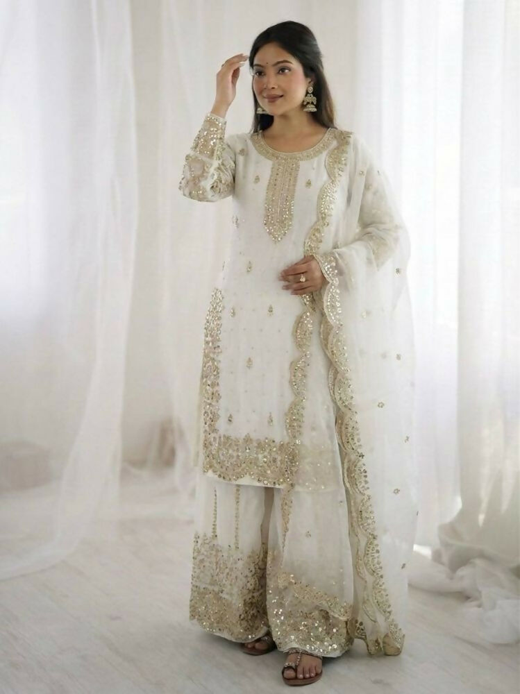 Teeya Creation White Color Fendy Silk Embroidery Work Wedding Wear Salwar Suit | Grocsy